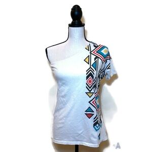 Staring at Stars Geometric Print White One-Shoulder Top Size Small